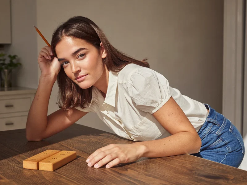 Kind rechnet am Küchentisch mit Holzklötzchen und Bleistift