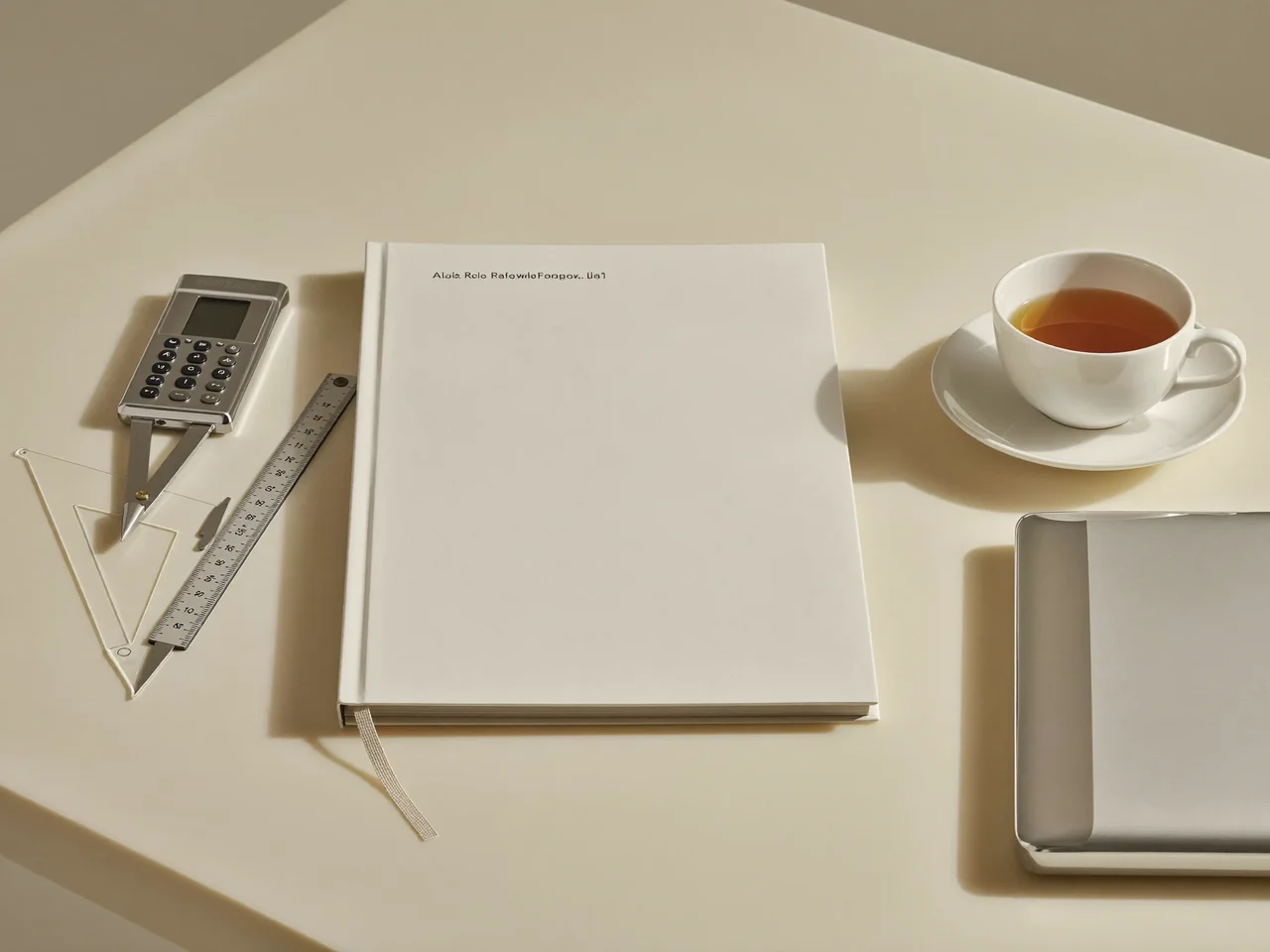 Aufgeräumter Schreibtisch mit Zirkel, Geodreieck, Taschenrechner und Tee